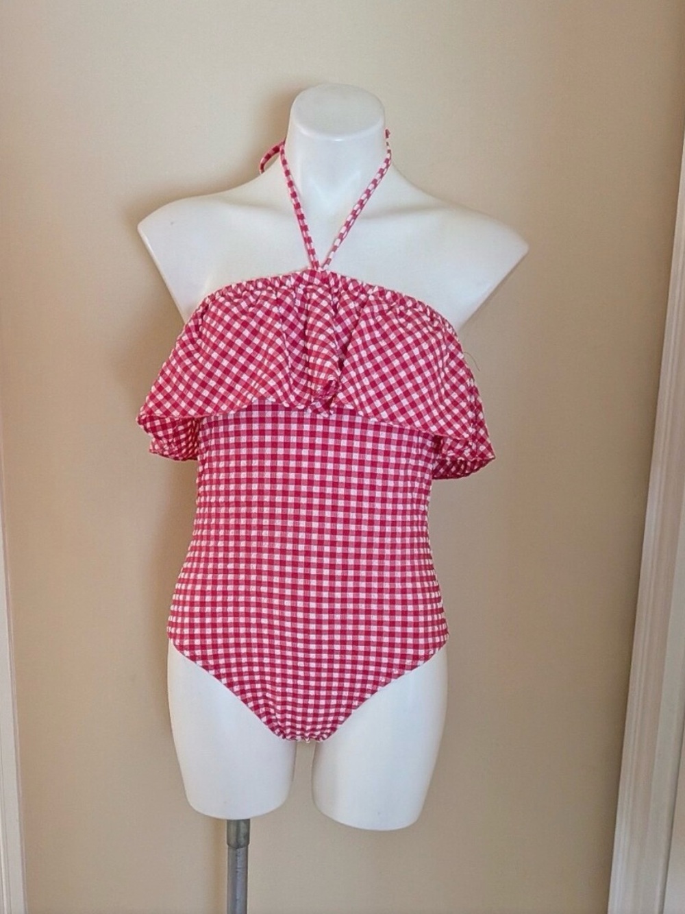 J. Crew Pink and White Gingham One-Piece Swimsuit